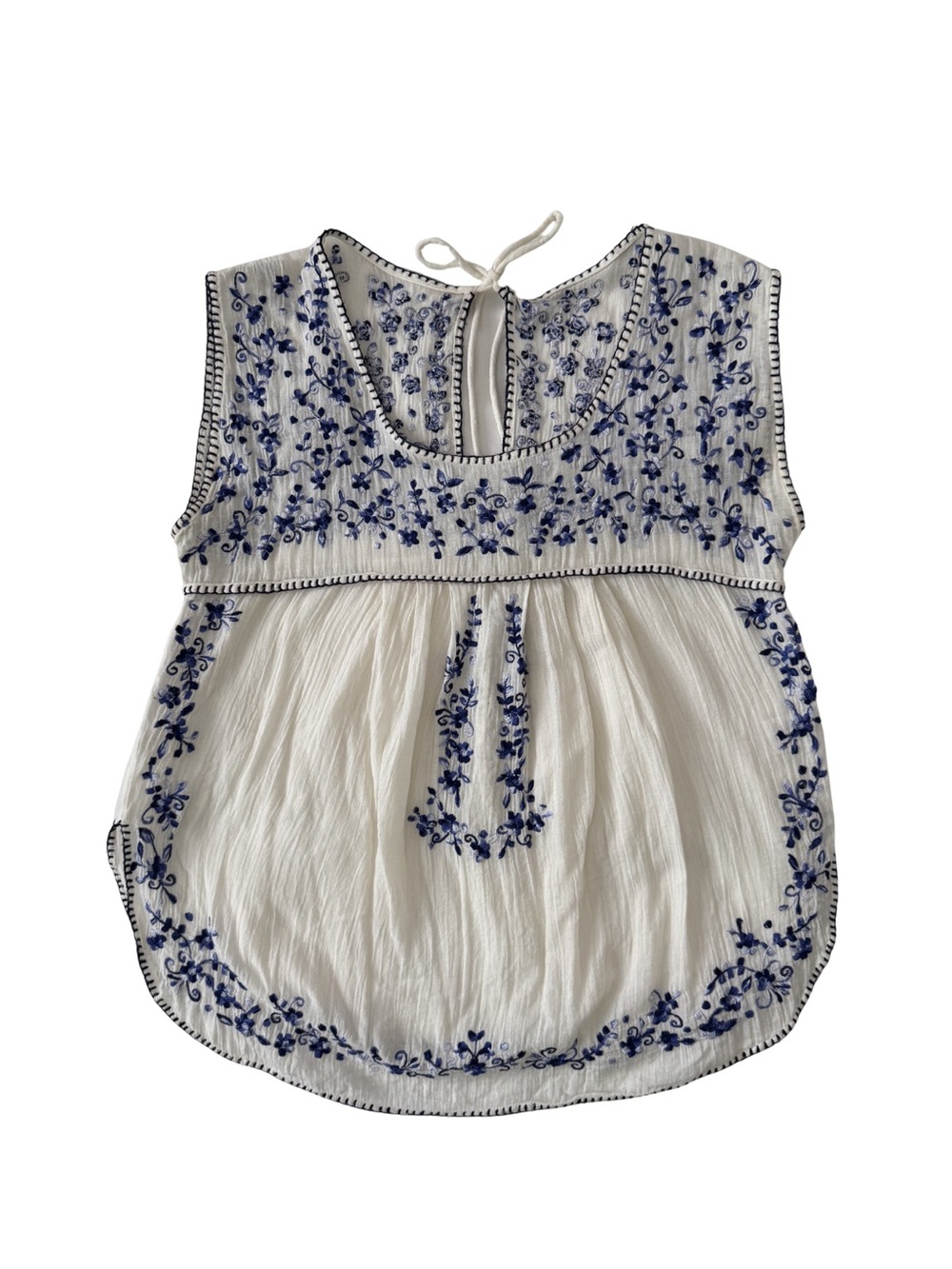 Rory Beca White Tunic Tank with Blue Floral Embroidery